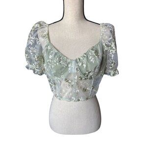 NWT Romwe Floral Embroidered Sheer Mesh Puff Sleeve Crop Top Green White XXL